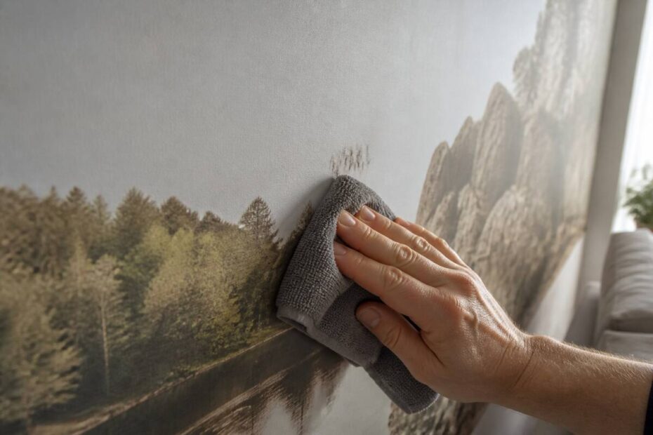 Schoonmaken van fotobehang met een microvezeldoek bij een kleine vlek