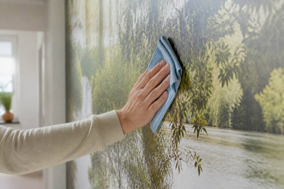 Iemand reinigt fotobehang voorzichtig met een microvezeldoek