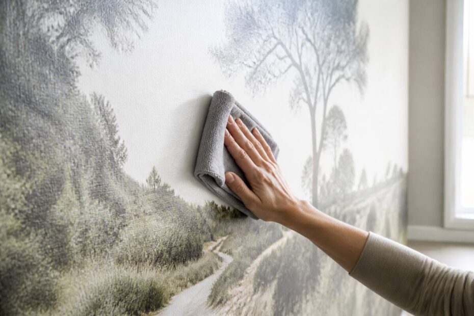 Voorzichtig fotobehang schoonmaken met een zachte microvezeldoek in een lichte woonkamer