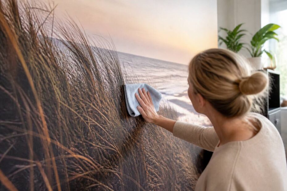 Iemand neemt fotobehang voorzichtig af met een licht vochtige microvezeldoek