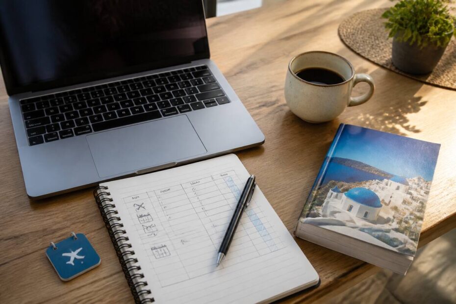 Reizen vergelijken met laptop en notitieboekje op tafel